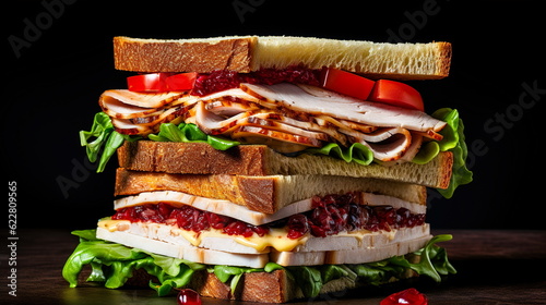 Sandwich with turkey, salad and vegetables lies on a dark background.Generative AI
