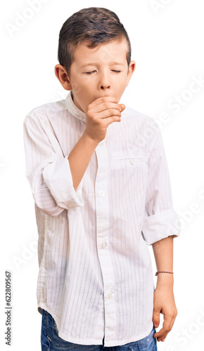 Cute blond kid wearing elegant shirt feeling unwell and coughing as symptom for cold or bronchitis. health care concept.