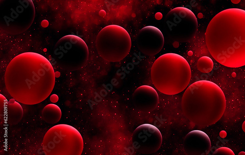 Rendering, abstract background of red, black, colors, balls and bubbles, abstraction