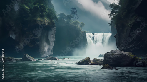 Mountain Majesty: Reflections of Serenity in the Lake, Cascading Waterfall, Verdant Forest, and Stoic Rocks