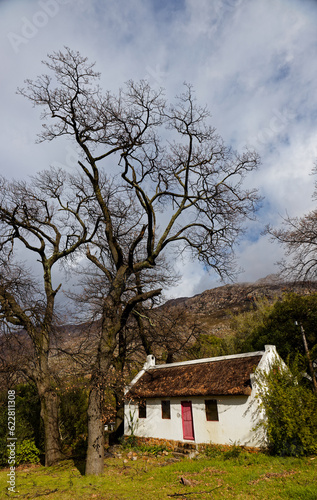 An old historic building standing under a large oak tree near Ceres,Western Cape, South africa.