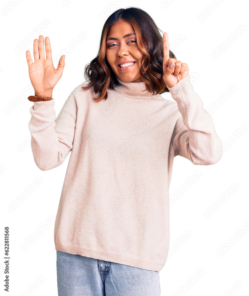 Young beautiful mixed race woman wearing winter turtleneck sweater showing and pointing up with fingers number six while smiling confident and happy. Young beautiful mixed race woman wearing winter turtleneck sweater showing and pointing up with fingers number six while smiling confident and happy.