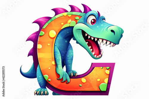 Colorful dinosaur letter C for kids isolated on white background  funny cartoon dino alphabet  creative font design for children education in school  preschool and kindergarten. Generative AI.