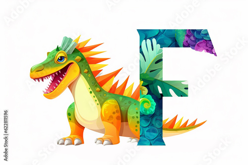 Colorful dinosaur letter F for kids isolated on white background  funny cartoon dino alphabet  creative font design for children education in school  preschool and kindergarten. Generative AI.