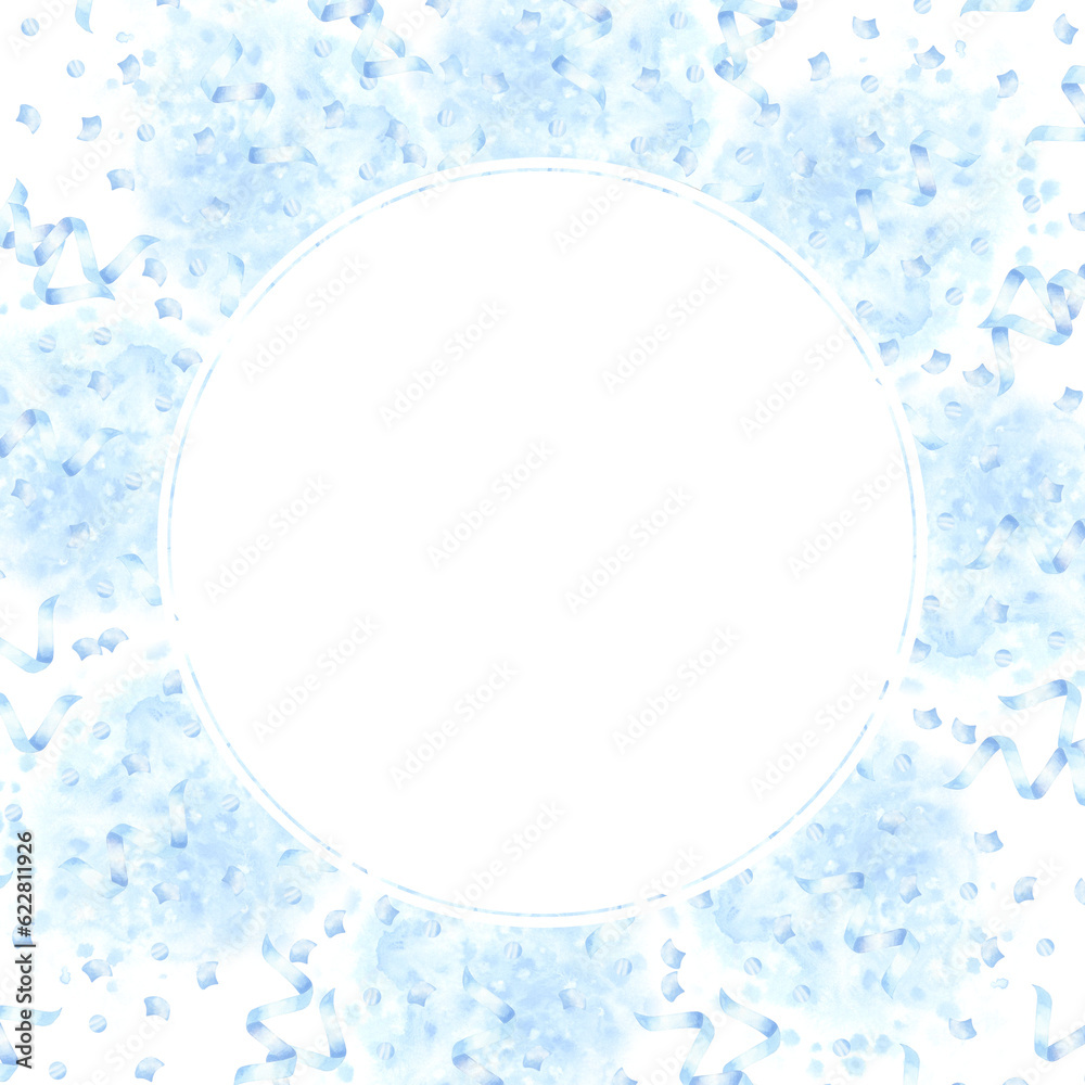 Blue round frame, template for invitation, text, postcard. Boy birthday surprise. Hand drawn watercolor illustration isolated on white background. Gender reveal party, baby shower Blue round frame, template for invitation, text, postcard. Boy birthday surprise. Hand drawn watercolor illustration isolated on white background. Gender reveal party, baby shower