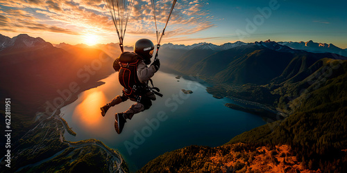 Wallpaper Mural Skydiver flying over water during sunset with mountains