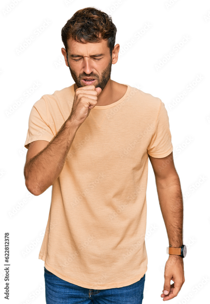 Fototapeta premium Handsome young man with beard wearing casual tshirt feeling unwell and coughing as symptom for cold or bronchitis. health care concept.