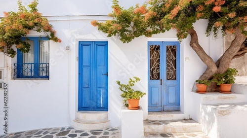 Fototapeta Naklejka Na Ścianę i Meble -   a white house with a blue door and two potted plants.  generative ai