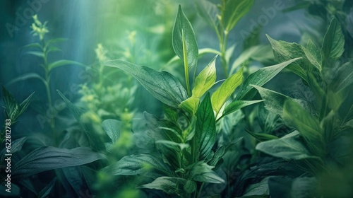  a close up of a green plant with sunlight coming through the leaves.  generative ai