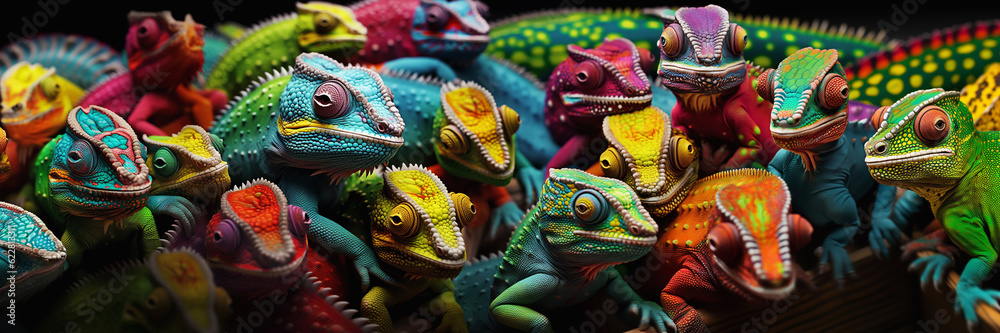A lot colorful chameleons. Gradient color, abstract background, luxury and exotic zoo or pet shop concept, wallpaper.