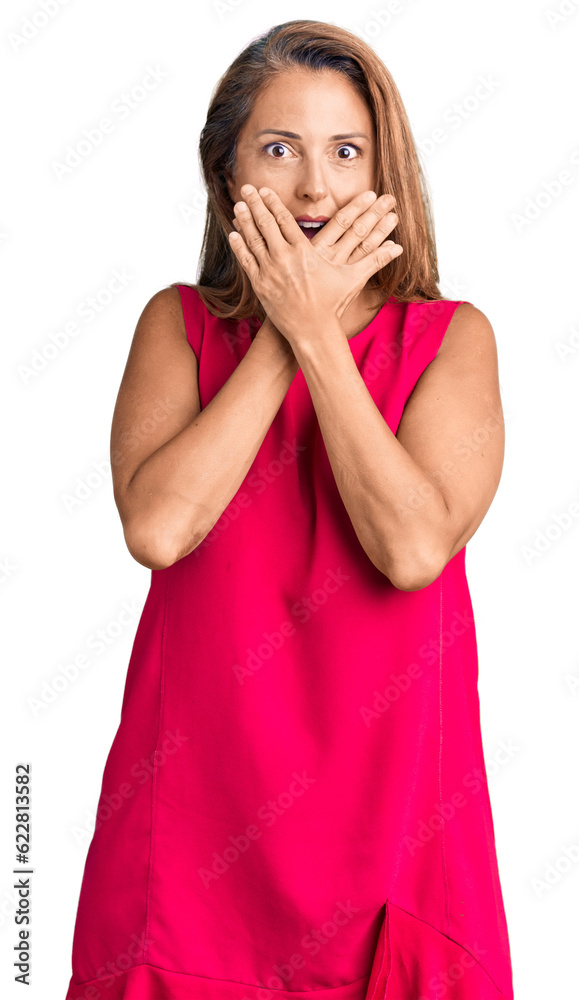 Middle age hispanic woman wearing casual clothes shocked covering mouth with hands for mistake. secret concept. Middle age hispanic woman wearing casual clothes shocked covering mouth with hands for mistake. secret concept.