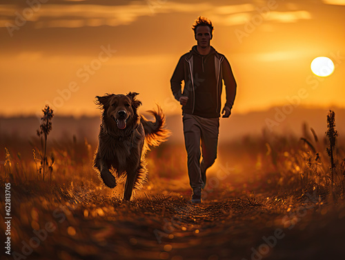 Silhouettes of an athletic young man and his dog running in nature, against the backdrop of a golden sunset sky on a field. Outdoor running in the evening. Generative AI
