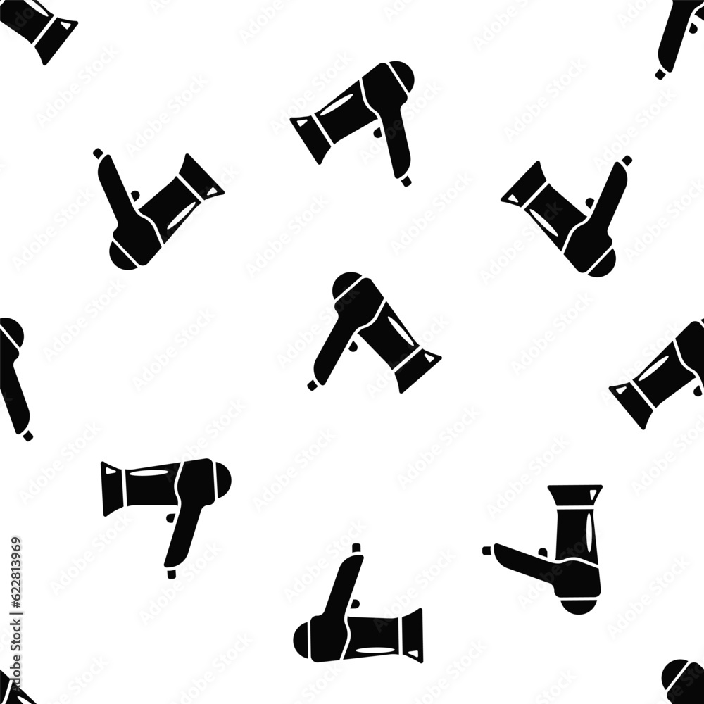Hair dryer for drying hair. Seamless vector pattern with a black silhouette of a hairdryer on a white background. Background design for beauty salon, hair salon Hair dryer for drying hair. Seamless vector pattern with a black silhouette of a hairdryer on a white background. Background design for beauty salon, hair salon