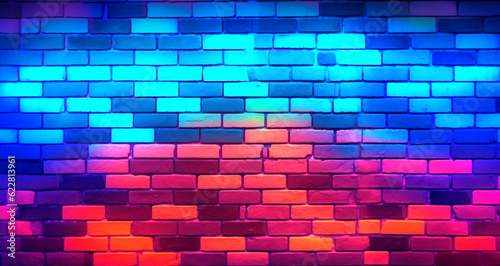 brick wall pattern background with colorful futuristic neon lights. generative ai