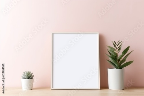 Home interior poster mock up with vertical wooden frame and plant on light biege wall background. Modern home decor. Ready to use template