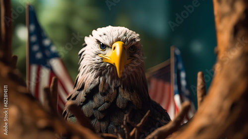 Portrait of a bald eagle on the background of the American flag.Generative AI