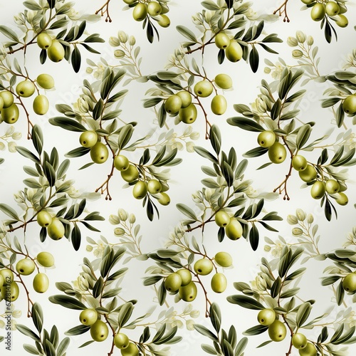 Pattern of olives and leaves on a biege background. Watercolor botanical illustration. Nature. Green colors. Design for packaging, fabric, wallpapers, posters. Seamless floral pattern