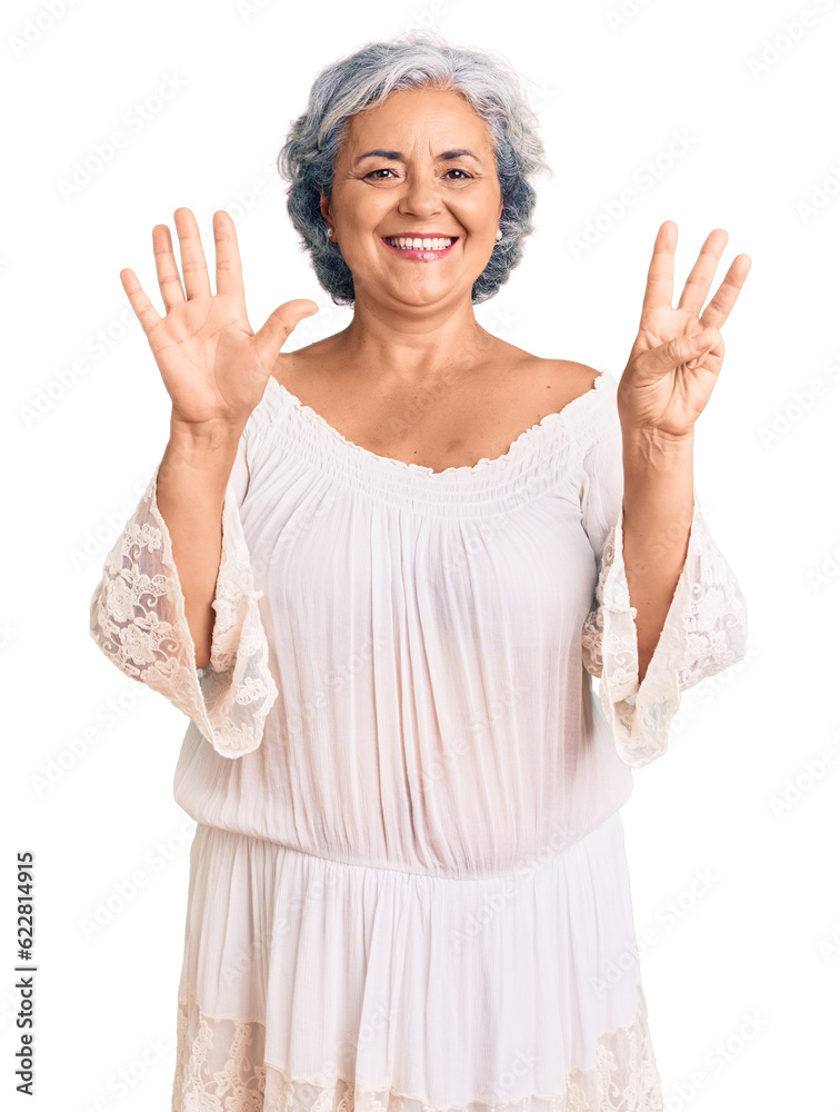 Senior woman with gray hair wearing bohemian style showing and pointing up with fingers number eight while smiling confident and happy. Senior woman with gray hair wearing bohemian style showing and pointing up with fingers number eight while smiling confident and happy.