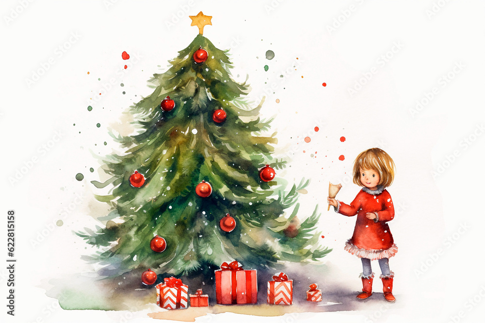 Christmas tree cartoon with red balls and garland watercolor style on a white background. Generative AI Christmas tree cartoon with red balls and garland watercolor style on a white background. Generative AI