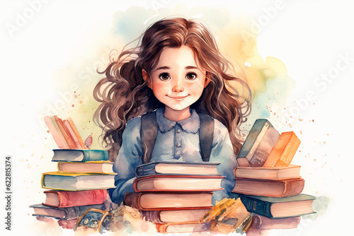 Cute little girl with books, back to school watercolor style on a white background. Generative AI