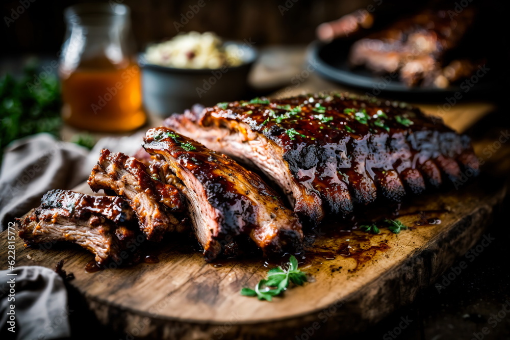 Juicy cooked pork ribs lie on a wooden board.Generative AI Juicy cooked pork ribs lie on a wooden board.Generative AI