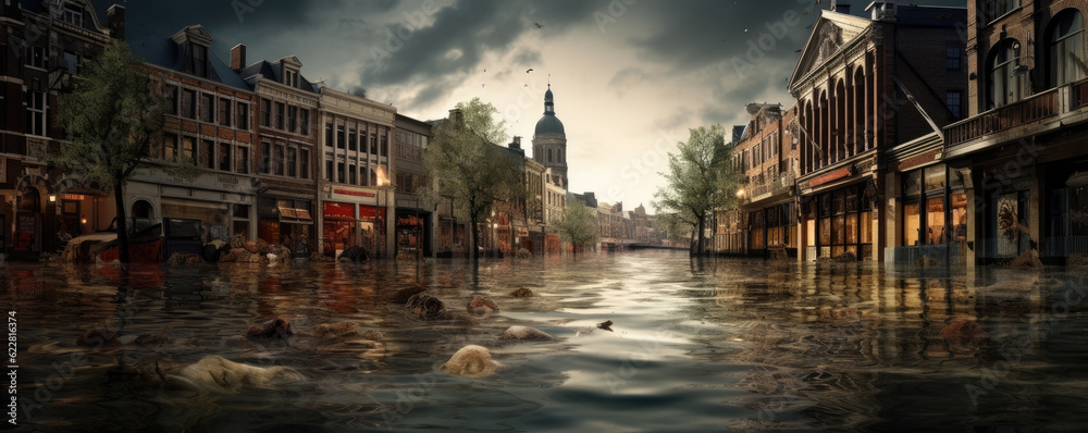 Extreme rainfall concept.  Flood with high water disaster in city, flooding houses and rising water.