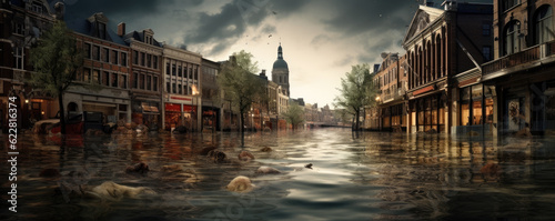 Extreme rainfall concept.  Flood with high water disaster in city  flooding houses and rising water.