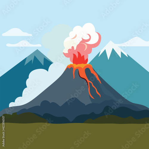 Active volcano and surrounding mountains flat style vector illustration, volcanic eruption , gas and lava releasing from a volcano stock vector image