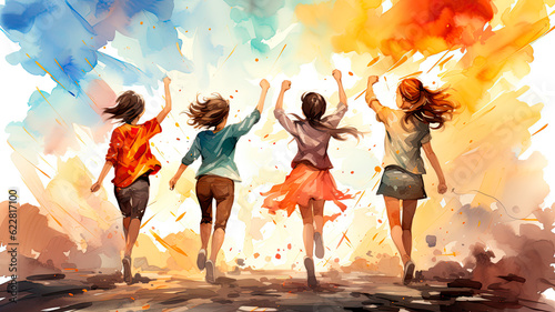 happy teenagers running watercolor illustration generative ai