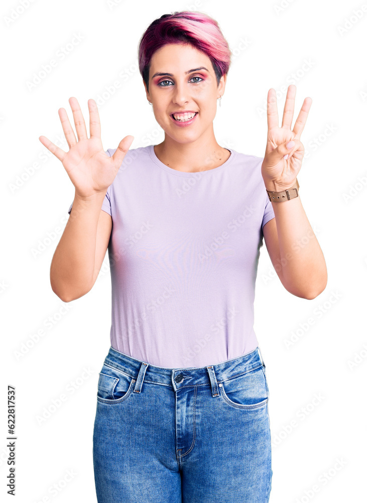 Young beautiful woman with pink hair wearing casual clothes showing and pointing up with fingers number eight while smiling confident and happy. Young beautiful woman with pink hair wearing casual clothes showing and pointing up with fingers number eight while smiling confident and happy.