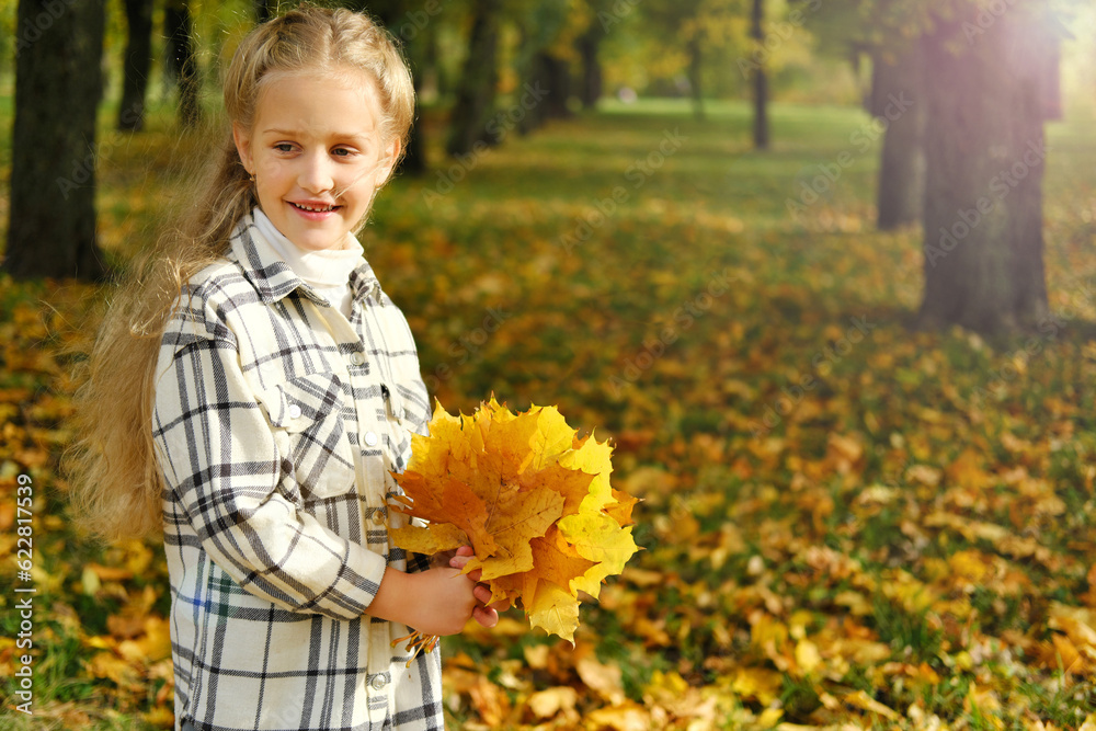 Little blonde girl posing in a white plaid shirt in an autumn park with a bouquet of yellow leaves Little blonde girl posing in a white plaid shirt in an autumn park with a bouquet of yellow leaves