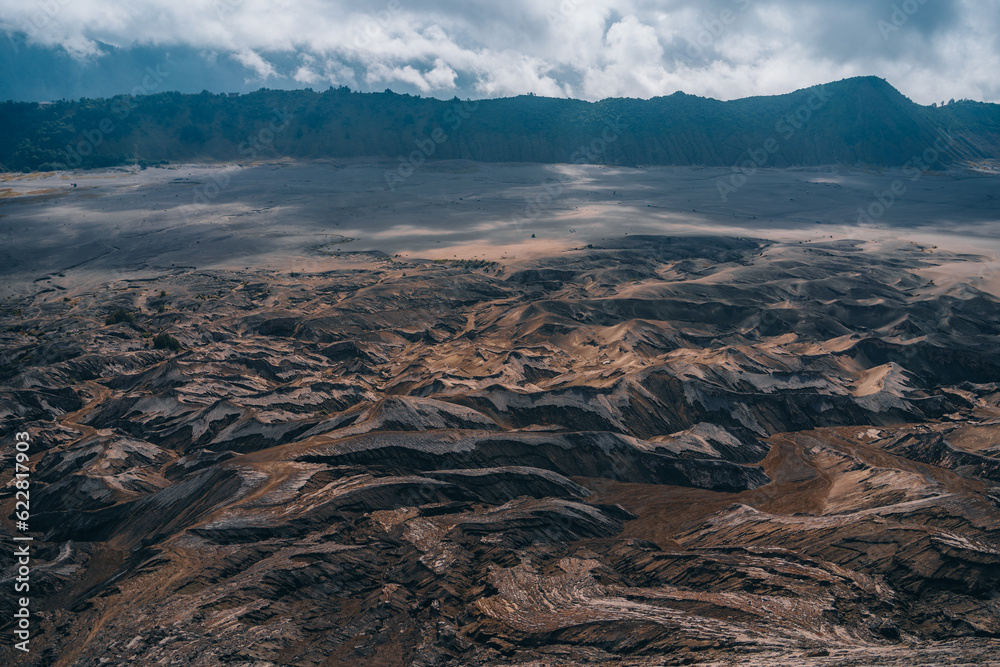 Close up view of Mount Bromo texture from the slope. Semeru Tengger reservation landscape view