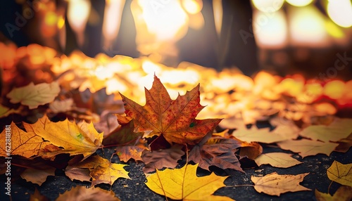 Maple leaves on the ground with a defocused background bokeh effect, Generative AI