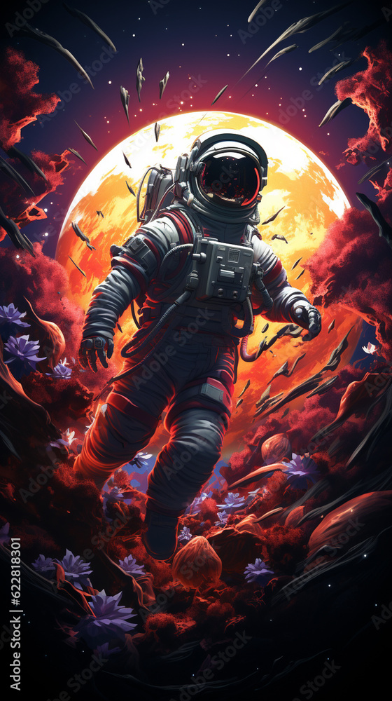 Wall art in dark colors themed Astronaut, colorful painting