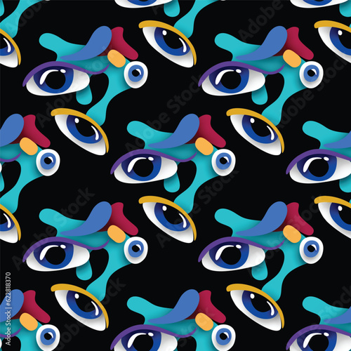 Seamless Pattern with Psyhodelical Print with Monster Eyes. Surreal Design on Black. Pop Art Cartoon Style with Stains. Endless Texture. Vector 3d Illustration photo