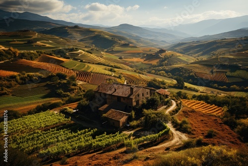 A Tuscan vineyard from above during harvest season. Generative AI