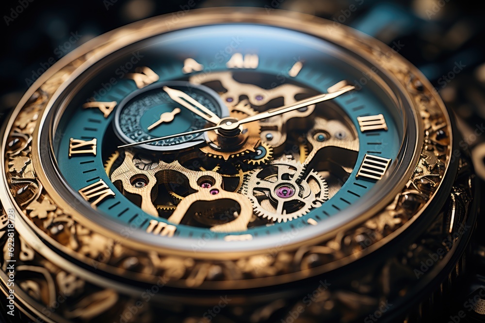 Vintage watch gears and cogs in intricate detail under soft light. Generative AI