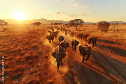 A drone's view of elephants migrating across the African savannah. Generative AI photo