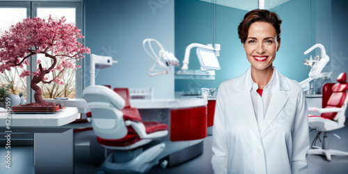Taking care of oral health: A smiling professional female dentist ready to serve you