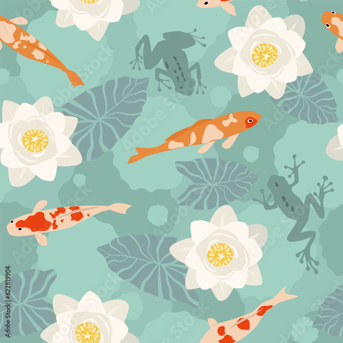 Seamless pattern with marine nature, fish, lilies, lotuses, frogs. East Asian ornament with a summer pond. Vector graphics.