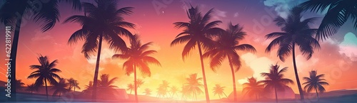 summer background tropical palm trees at sunset with orange sky generative AI © SKIMP Art