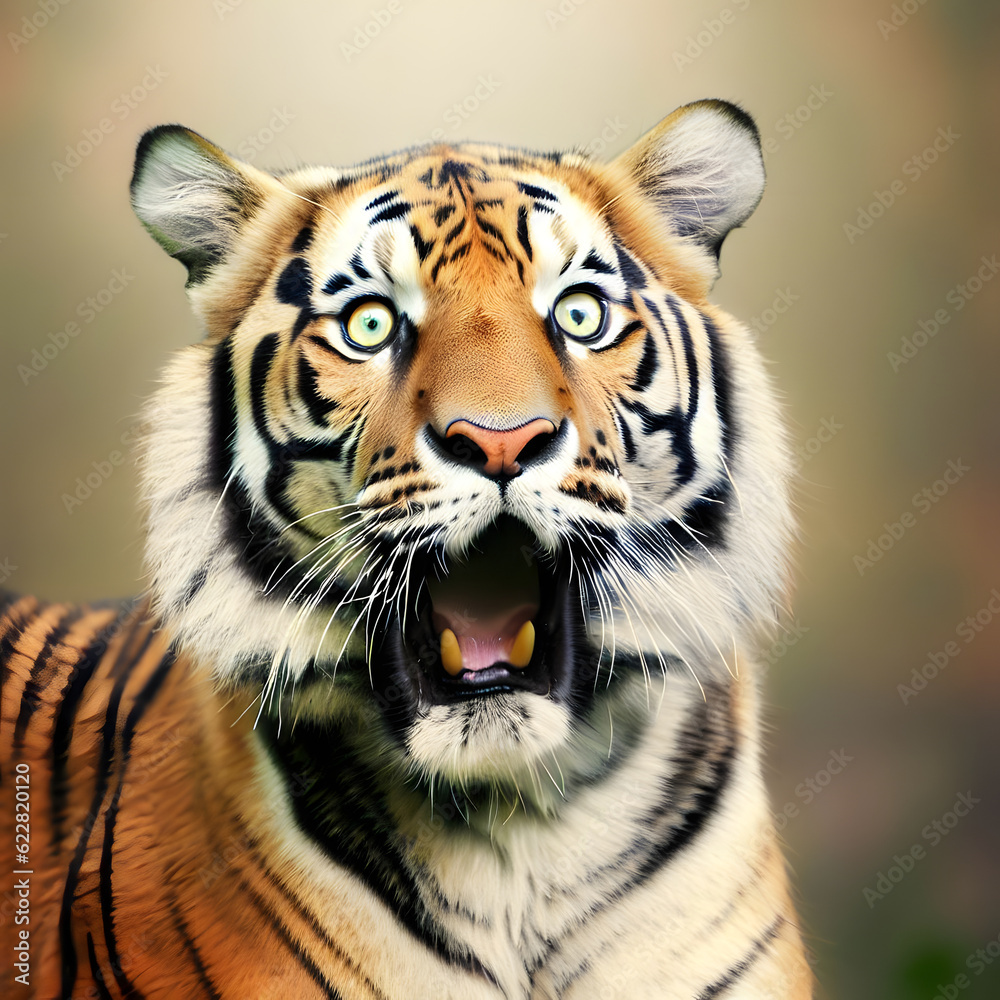 Fototapeta premium Tiger with a surprised expression, wide open eyes and jaw dropping