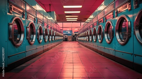 A row of industrial washing machines in a laundry room. Created with Generative Ai technology.