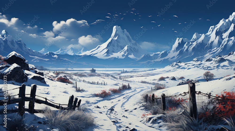  a painting of a snowy landscape with mountains in the background.  generative ai