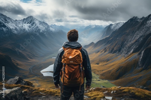 Hiker at a mountain peak overlooking a breathtaking view. Generative AI