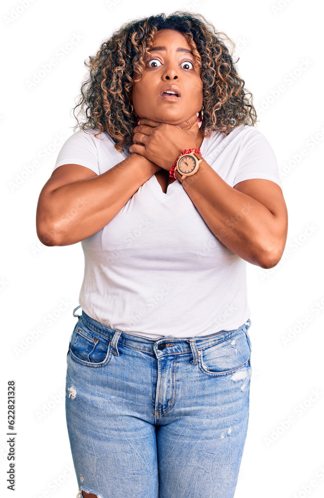 Young african american plus size woman wearing casual clothes shouting and suffocate because painful strangle. health problem. asphyxiate and suicide concept. Young african american plus size woman wearing casual clothes shouting and suffocate because painful strangle. health problem. asphyxiate and suicide concept.