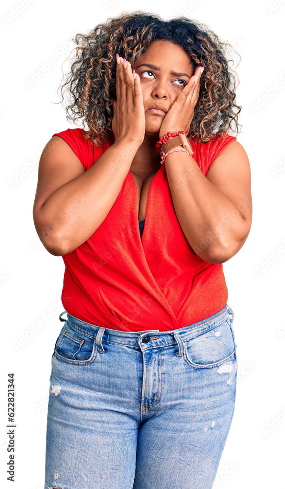 Young african american plus size woman wearing casual style with sleeveless shirt tired hands covering face, depression and sadness, upset and irritated for problem Young african american plus size woman wearing casual style with sleeveless shirt tired hands covering face, depression and sadness, upset and irritated for problem