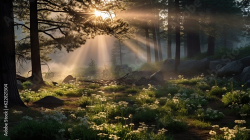  the sun shines through the trees in a forest filled with wildflowers. generative ai