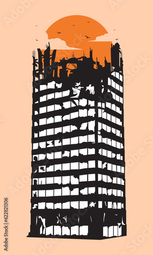 silhouette of destroyed tall building