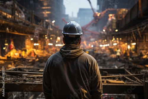 Construction worker surveying a bustling construction site. Generative AI